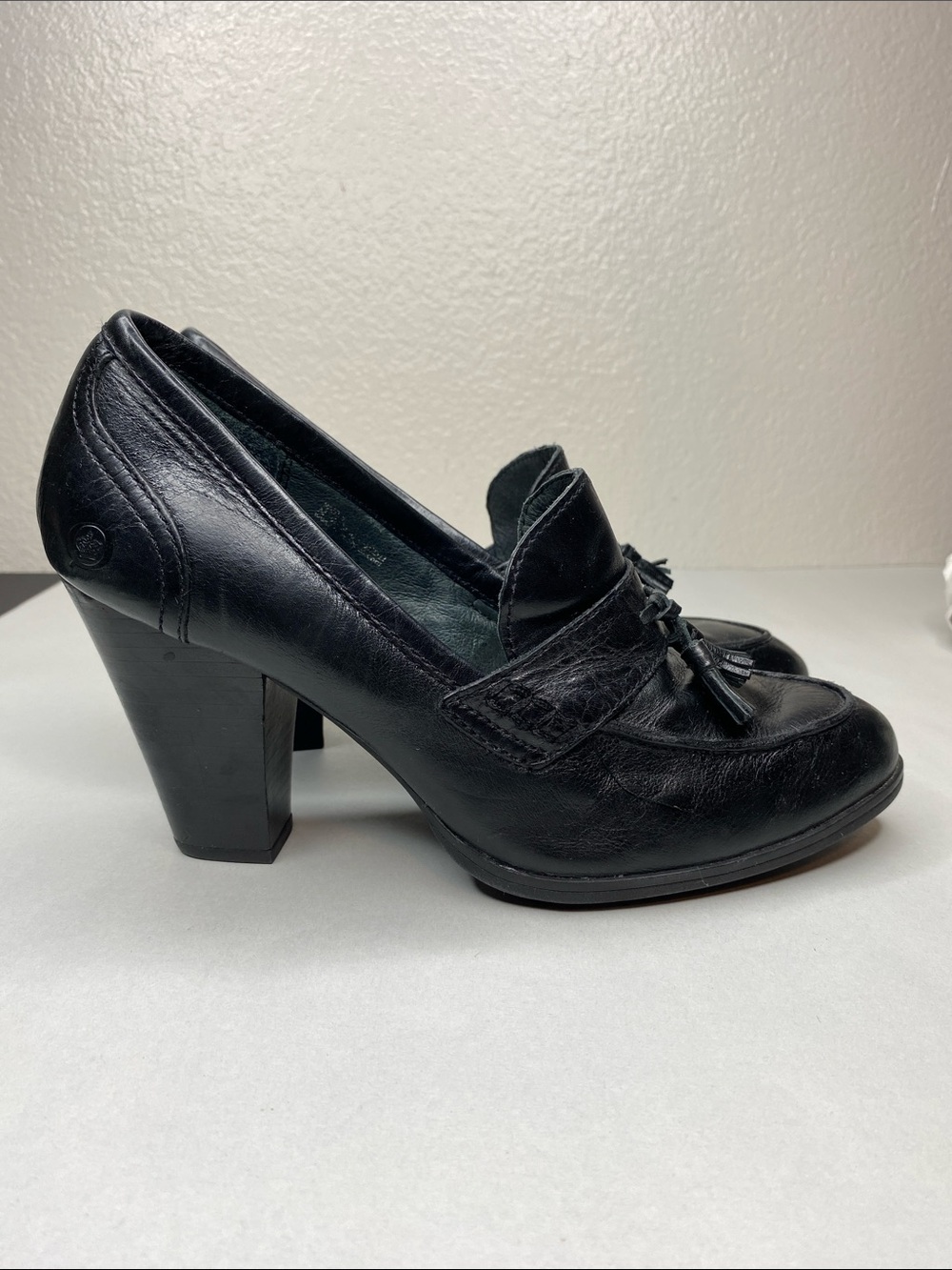 Børn Black Leather Tassel Loafer Pumps Block High Heels Women’s Size 9 / 40.5
